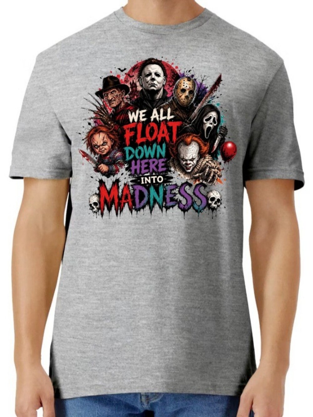 Heather Gray Graphic Horror Crewneck T-Shirt - We All Float Down Here